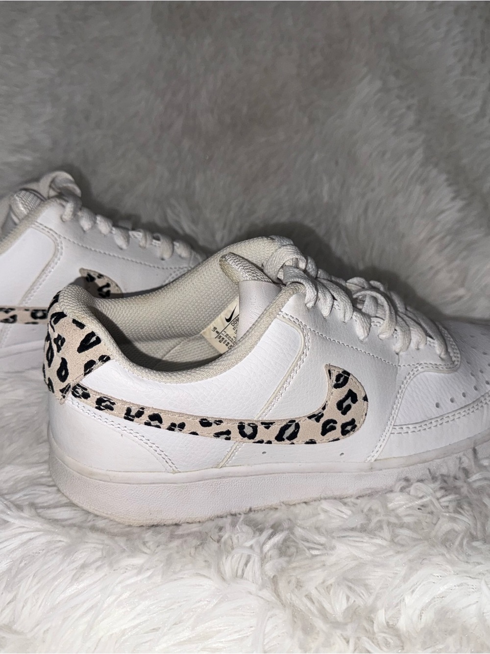 Nike White Low-Top Sneakers with Leopard Swoosh